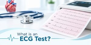 An ECG machine printing a heart rate graph next to a stethoscope, with text overlay reading "What is an ECG Test?"