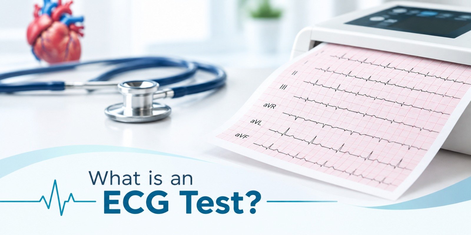 An ECG machine printing a heart rate graph next to a stethoscope, with text overlay reading "What is an ECG Test?"